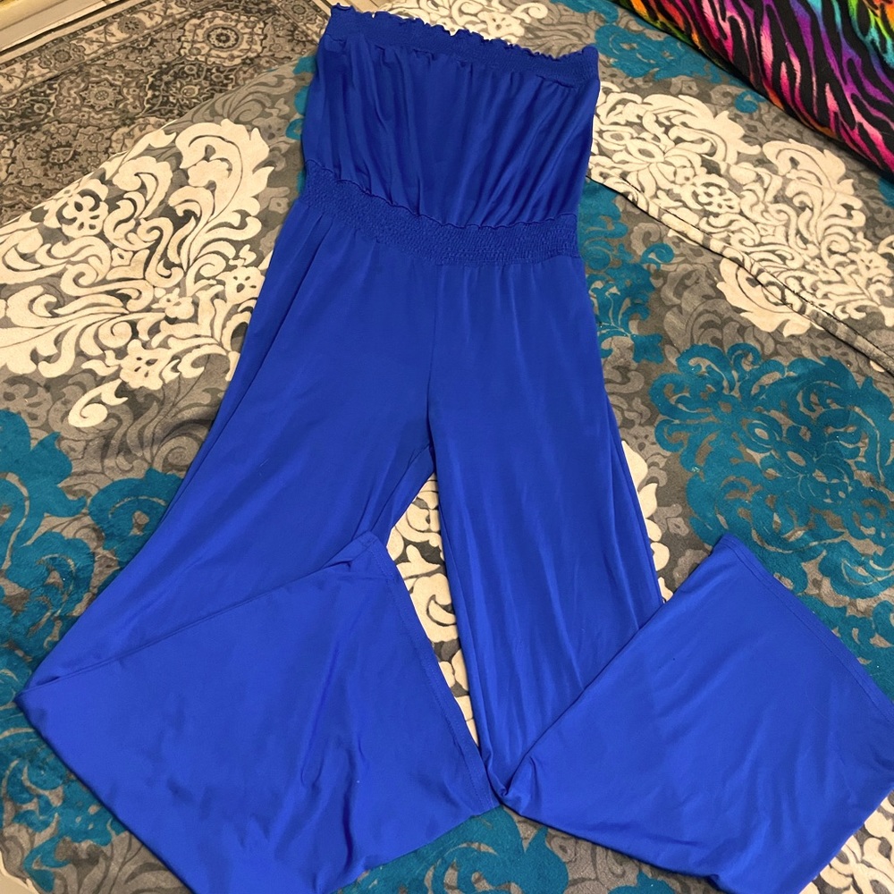 Women’s Modern Solid Blue Strapless Jumpsuit